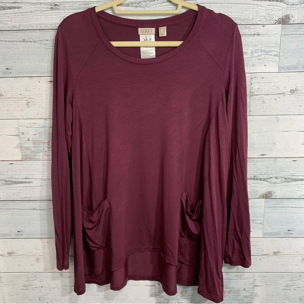 LOGO by Lori Goldstein Pocket Knit Top Size Small Purple Long Sleeves Stretch